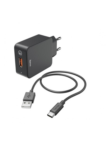 Зарядно 220V HAMA, USB Type-C, 3 A,Qualcomm Quick Charge 3.0 + USB Type-C кабел, 1.5м, Черен (HAMA-183230)