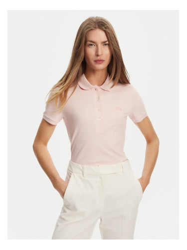 Lacoste Тениска с яка и копчета PF5462 Розов Slim Fit