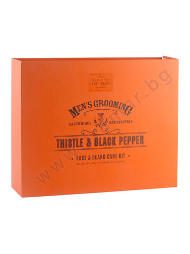 СКОТИШ ФАЙН КОМПЛЕКТ ЗА БРАДА И ЛИЦЕ БЯЛ ТРЪН И ЧЕРЕН ПИПЕР САПУН 40 г + ОЛИО ЗА БРАДА 20 мл + ХИДРАТИРАЩ КРЕМ 75 мл + ДЪРВЕН ГРЕБЕН