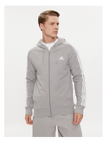 adidas Суитшърт Essentials French Terry 3-Stripes Full-Zip Hoodie IC9833 Сив Regular Fit