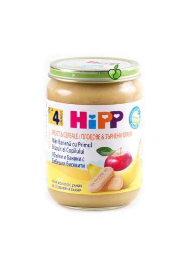 HIPP БИО Пълнозърнеста каша ябълка, банани бисквити 4+м 190г