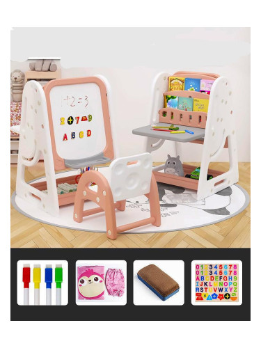 Бюро SAMBI 3 в 1 със стол, дъска за рисуване, етажерка и аксесоари в розово