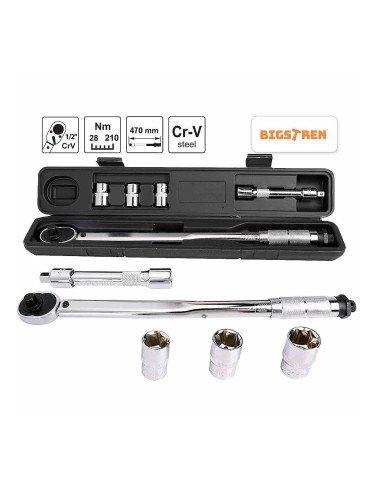Ключ динамометричен 1/2", 28-210Nm, BIGSTREN, с удължител и вложки 17, 19, 21 мм