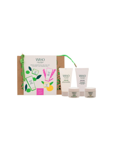 Shiseido Waso Essentials On The Go Подаръчен комплект крем за лице Waso Shikulime 15 ml + почистващ гел за лице Waso Shikulime 30 ml + нощна маска за лице Waso Yuzu-C 15 ml + ексфолираща маска Waso Satocane 30 ml + козметична чанта