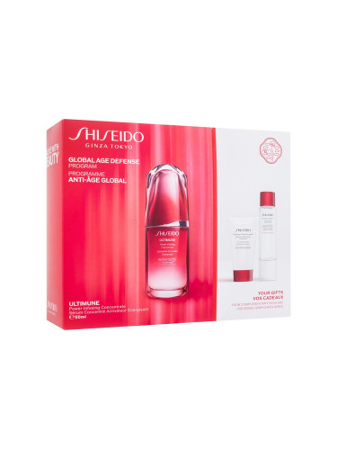 Shiseido Ultimune Global Age Defense Program Подаръчен комплект серум за лице Ultimune Power Infusing Concentrate 50 ml + почистваща пяна Clarifying Cleansing Foam 30 ml + омекотител за лице Treatment Softener 30 ml