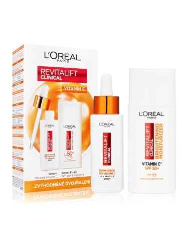 L'Oréal Paris Revitalift Clinical Pure 12% Vitamin C Подаръчен комплект серум Revitalift Clinical Vitamin C Serum 30 ml + дневен крем за лице Revitalift Clinical Vitamin C Anti-UV Fluid SPF50 50 ml