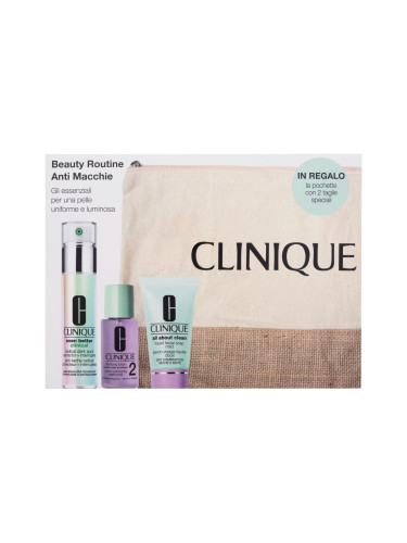 Clinique Beauty Routine Anti Stains Подаръчен комплект серум за лице Even Better Clinical Radical Dark Spot Corrector Interrupter 30 ml + сапун за лице All About Clean Liquid Facial Soap 30 ml + лосион за лице Clarifying Lotion 2 30 ml + козметичен несесер