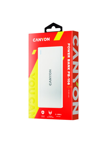 CANYON PB-106, Power bank 10000mAh Li-poly battery, Input 5V/2A, Outpu