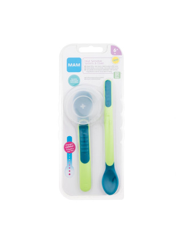 MAM Heat Sensitive Spoons & Cover 6m+ Green Съдове за деца Комплект