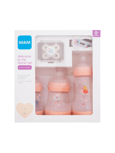 MAM Welcome To The World Set 0m+ Pink Подаръчен комплект шише за бебета Anti-Colic 160 ml 2 бр. + шише за бебета Anti-Colic 260 ml 1 бр. + биберон Start 1 бр. + лента за биберон 1 бр.