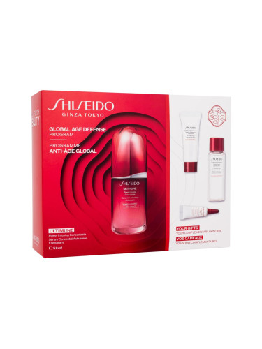 Shiseido Ultimune Global Age Defense Program Подаръчен комплект серум за лице Ultimune Power Infusing Concentrate 50 ml + почистваща пяна Clarifying Cleansing Foam 15 ml + вода за лице Treatment Softener 30 ml + околоочен серум Ultimune Power Infusing Eye Concentrate 3 ml