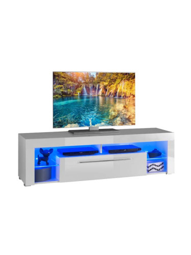 БЯЛ ТВ ШКАФ СОФИЯ С 1 ВРАТА И 2 СТЪКЛЕНИ РАФТА С LED ОСВЕТЛЕНИЕ ПДЧ/МДФ 153/44/44 h