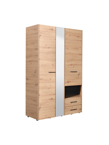 ЛЕОН 3-КРИЛ ГАРДЕРОБ С 2 ЧЕКМЕДЖЕТА И ОГЛЕДАЛО 127.5/55/205.5 h БЯЛО