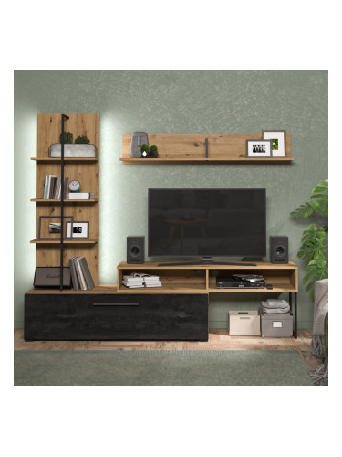 ХОЛНА СЕКЦИЯ ЕВОРА 205/41.5/173h С ПОЛИЦА, ТВ ШКАФ И ПАНЕЛ ЕТАЖЕРКА В ДЪБ АРТИСАН И ЧЕРНО