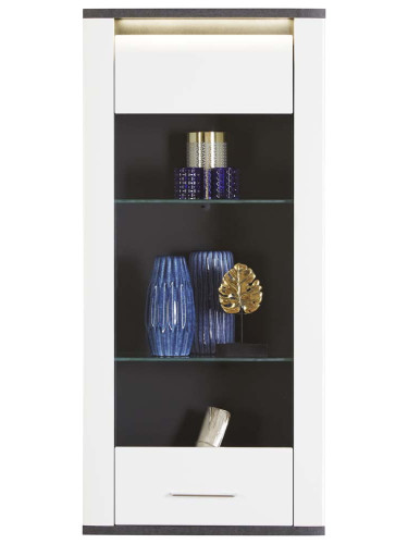 ВИТРИНА ЗА СТЕНА АЛАСИО С LED ОСВЕТЛЕНИЕ 54.7/34/118.5 СМ В БЯЛ ГЛАНЦ И ТЪМНОСИВО