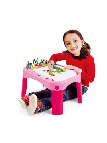 Детска масичка за рисуване с цветни моливи и флумастери, Розова