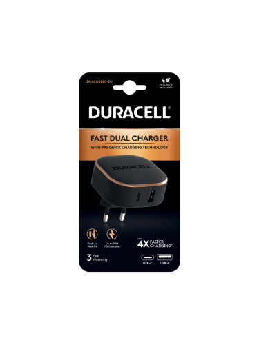 Зарядно 220V Duracell DRACUSB20-EU 1 x USB-C + 1 x USB-A, 30W - Черно