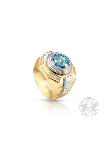 Златен мъжки пръстен с естествен син Циркон и диаманти