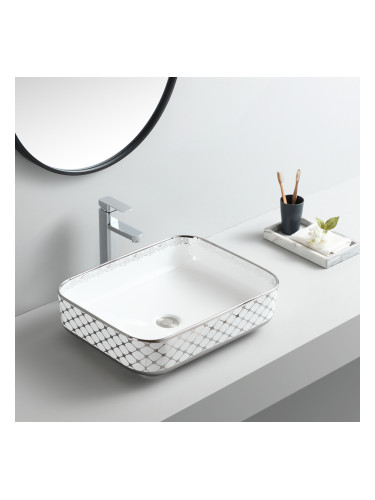 БЯЛА ПОРЦЕЛАНОВА МИВКА СИЛВЪР ЕДЖ СЪС СРЕБЪРЕН КАНТ 50/40/14 СМ