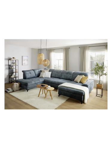 ТЪМНОСИНЯ П-ОБРАЗНА ХОЛНА ГАРНИТУРА СИЕРА 230/364/181/90-106 СМ С ФУНКЦИЯ СЪН 140/285 СМ