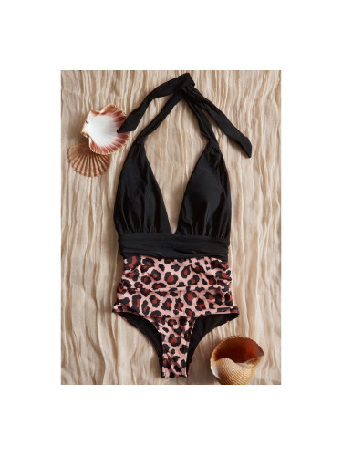 Бански костюм цял с дълбоко деколте и животински принт Черно