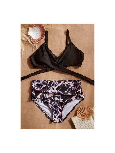 Бански бикини с разкроен топ и бикини с висока талия Черно