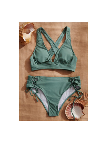 Бански  бикини с триъгълна горна част с кръстосан гръб и обикновени бикини Зелено