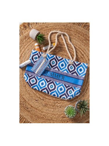 Сламена чанта с лого и разнообразен  дизайн Синьо