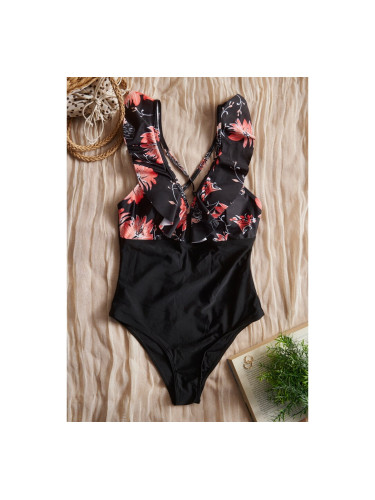 Бански костюм цял с волани и флорален принт Корал