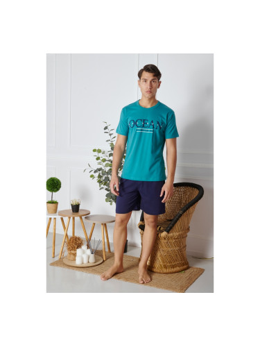 Мъжка пижама с къси панталони и лого OCEAN Тюркоазено