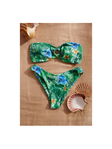 Бански с флорален принт с топ без презрамки и бикини бразилиана Зелено