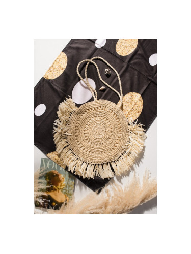 Кръгла плетена чанта с ресни Екрю