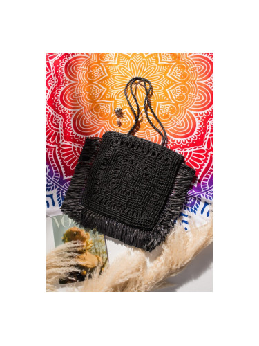 Кръгла плетена чанта с ресни Черно