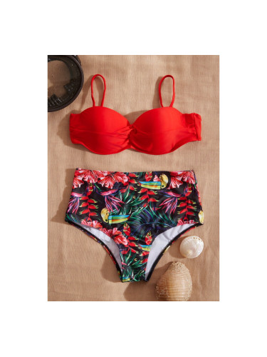 Бански с топ без презрамки и обикновени  бикини с висока талия на цветя Черно