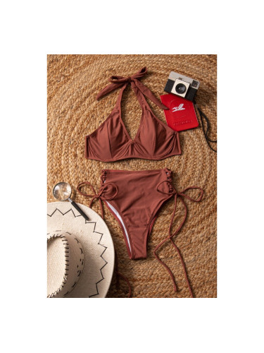 Бански бикини с оформен сутиен и бикини с висока талия Кафяво