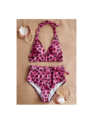Бански бикини с животински принт с триъгълна горна част и обикновени бикини с висока талия Фуксия