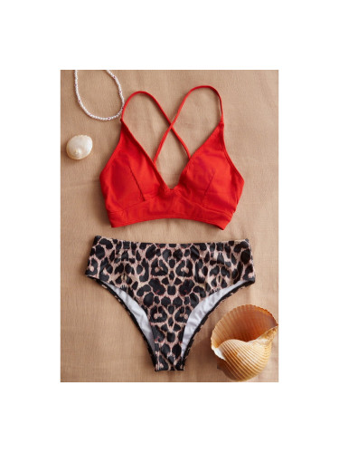 Бански костюм с триъгълна горна част и обикновени бикини с висока талия с животински принт Червено