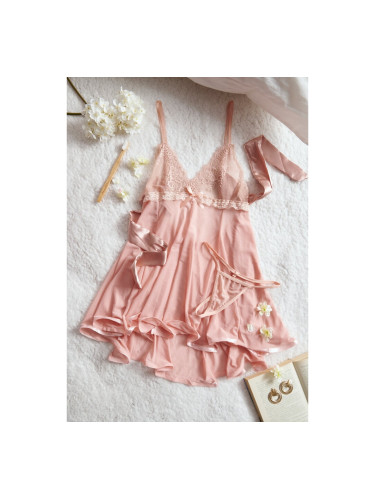 Неглиже със сатенена връзка на гърба Розово