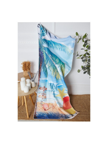 Плажна кърпа с пясъчен плаж и палма (70x150cm) Синьо
