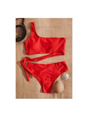 Бански бикини с едно рамо и бикини с висока талия Червено