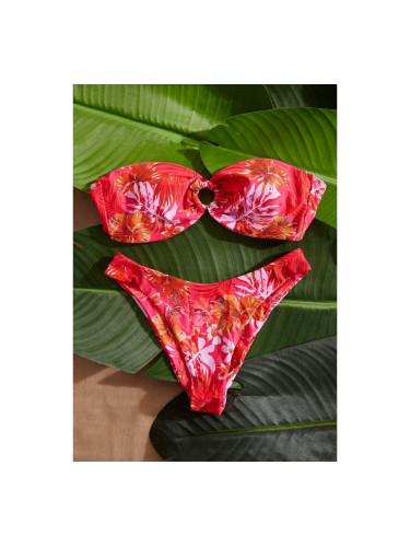 Бански с флорален принт с топ без презрамки и бикини бразилиана Червено