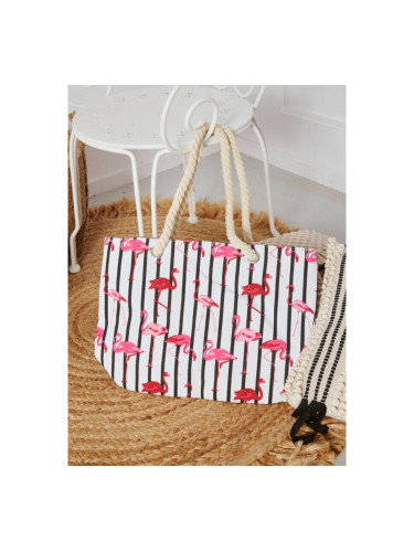 Чанта от плат на райе с фламинго (44x14x32cm) Бяло