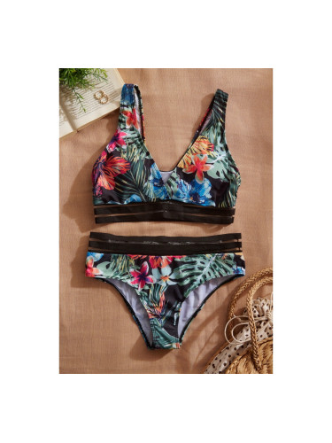 Бански бикини с екзотичен принт триъгълна горна част и обикновени бикини с висока талия Черно