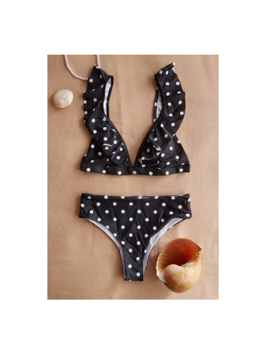 Бански бикини на точки с волани и бикини с висока талия Черно