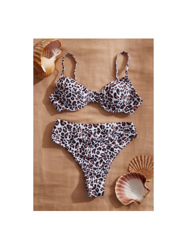 Бански бикини с животински принт с обикновен сутиен и бикини бразилиана слипове с висока талия Леопард