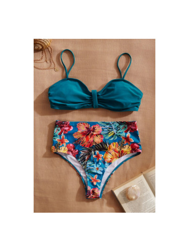 Бански бикини с връзваща се горна част и бикини бразилиана с висока талия Зелено