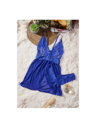 Неглиже с дантелени детайли Синьо