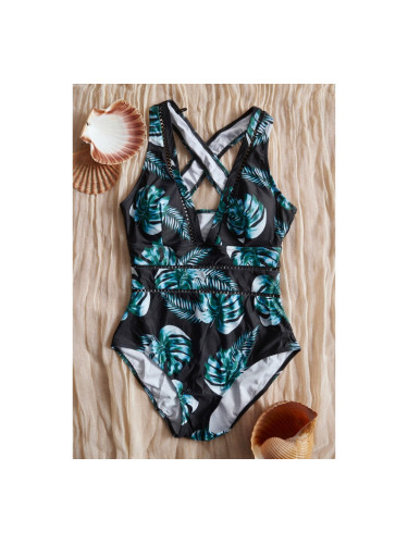 Цял бански с кръстосана гръбна част и плетени перфорирани детайли Зелено