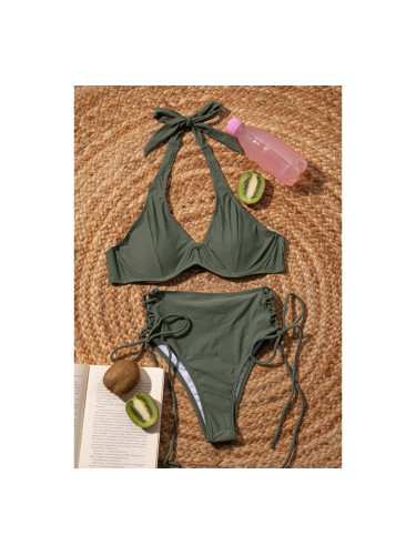 Бански бикини с оформен сутиен и бикини с висока талия Маслено зелено