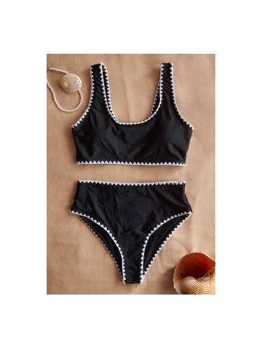 Бански костюм с бюстие и бикини с висока талия с плетени детайли Черно